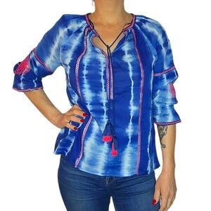 Caffè Marrahesh Boho Quarter Sleeve Blouse Size Small Blue